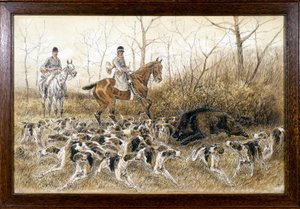 Matilha de cães à volta de um javali numa caça - desenho de Georges La Roque, cerca de 1900 de Georges La Roque