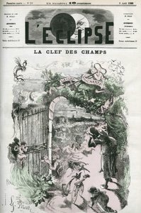A chave dos campos, ilustração de Pilotel substituindo o desenho de Gill "Justiça e Vingança perseguindo o crime", censura pela polícia. Capa em "L