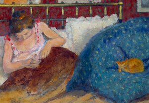 In Bed or Woman with Cat Painting by Georges Lemmen (1865-1916) 1900 Sun. 0,3x0,45 m Paris, musee d