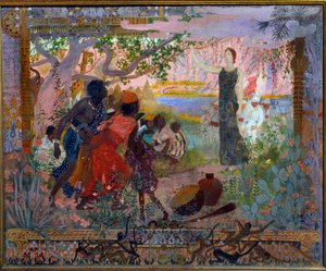 Arte académica ou bombeiro: "A conquete de África" Alegoria sobre o colonialismo representando uma jovem mulher branca a avançar solenemente para famílias africanas assustadas. Pintura de Georges Antoine Rochegrosse (1859-1938) 1900 Paris, Musee du Luxembo de Georges Marie Rochegrosse