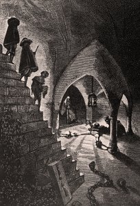 A caverna penal - ilustração do homem rindo, século XIX (gravura bw) de Georges Marie Rochegrosse