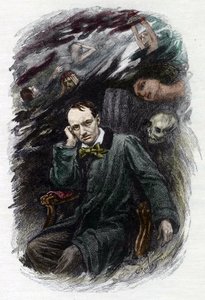 Retrato do poeta francês Charles Baudelaire (1827-1861) rodeia os seus fantasmas (Representação do poeta romântico francês Charles Baudelaire rodeado de fantasmas, ilustração para "As flores do mal") Ilustração de Georges Antoine Rochegrosse (1859-19 de Georges Marie Rochegrosse