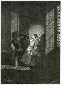 Os amantes Ethel e Ordener são capturados pelo tenente d&39;Alpheld - ilustração de Han d&39;Islande, século 19 (gravura bw) de Georges Marie Rochegrosse