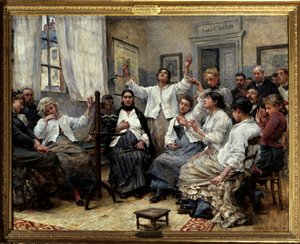 Os fascinantes da Caridade (serviço do Doutor Luys). Cena no Hôpital de la Charite em Paris: pacientes com histeria e outras doenças mentais estão sendo observados por médicos no fundo da sala. Na parede um poster sobre os métodos de hipnose como tratament