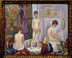 Set-up, pequena versão À esquerda, o quadro "Um domingo depois do meio-dia na ilha do Grande Jatte" de Georges Seurat (1859-1891) 1888 Privee Collection - The Models together, versão menor. À esquerda, o quadro "Um domingo à tarde de Georges Pierre Seurat