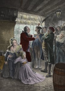 Revolução Francesa: 21 de Junho de 1791 A família real (Luís XVI Rei de França, Rainha Maria Antonieta e seus dois filhos Madame Isabel, irmã do Rei, e a governanta das crianças) apanhada na estalagem de Varennes (Varennes-en-Argonne) durante o de Georges Roussin