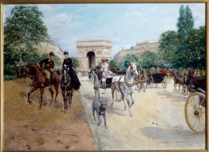 Cavaleiros e acopladores na avenue du bois em Paris Au fond l
