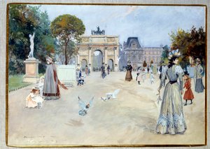 Vista do Jardim das Tuileries em Paris O jardim era um dos lugares parisienses para passeios de elegantes. Gouache de Georges Stein (1870-?) coleção privada da DR do século XX
