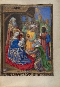 A Adoração dos Magos de um Livro de Horas Ms. 48 fol. 59, c.1480-90 (têmpera, folha de ouro e tinta em pergaminho)