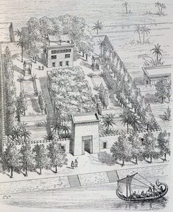 Vista da villa egípcia ao longo do Nilo, reconstrução por Chipiez, da História da arte na antiguidade (Egipto, Assíria, Pérsia, Ásia Menor, Grécia, Etrúria, Roma) de Georges and Chipiez Charles Perrot