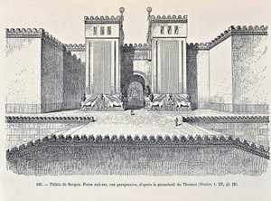 Reconstrução do portão sudeste do Palácio de Sargon em Dur-Sharrukin ("Fortaleza de Sargon"), hoje Khorsabad (gravura) de Georges and Chipiez Charles Perrot