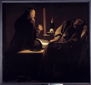 O êxtase de São Francisco também chamou um monge em oração perto de um monge moribundo ou dos dois monges. Pintura (Vanite) por Georges de La Tour (1593-1652) de Georges de la (after) Tour