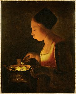 Rapariga a soprar num braseiro (pintura sobre tela) de Georges de la Tour