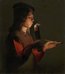 Un jeune garcon avec une pipe, souffle sur un brandon - Um rapazinho com um cachimbo, soprando numa marca de fogo, de La Tour, Georges, de (1583-1652). Óleo sobre tela de Georges de La Tour