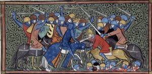 Carlos Martel derrotando Eudo e os Sarracenos, Grandes chroniques de France, Royal 16 G.VI, f.117v, c. 1332-1350 (22727638241) de Georgia Levan Ramishvili from Tbilisi