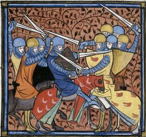 Ebroin derrotando os austrasianos, de Les Grandes chroniques de France, Royal 16 G VI f.114v, c. 1332-1350 (22528516520) de Georgia Levan Ramishvili from Tbilisi