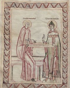 Guido de Arezzo e o bispo Tedald a trabalhar no monocórdio, miniatura do século XI (21954743795)