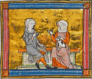 Lancelot em conversa com uma senhora que segura um pequeno cão preto e branco, de Morte Artu, c. 1315-1325 (41067329535) de Georgia Levan Ramishvili from Tbilisi