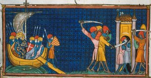 Luís IX desembarcando em Tunes e os franceses sendo isolados pelos sarracenos na torre, de Chroniques de France ou de St Denis, século XIV (22528512660)