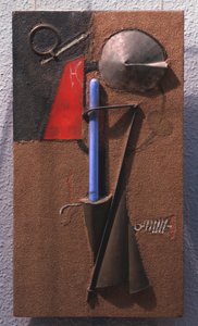 Construção colorida de materiais, número 7. (natureza morta). Obra de Georgi Avgustovich Stenberg (1900-1933), madeira, metal, vidro, areia sobre madeira