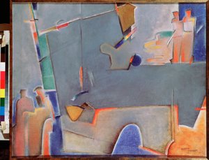 O guindaste de elevação - pintura de Georgi Avgustovich Stenberg (1900-1933), óleo sobre tela