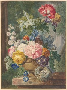 Ramo de flores numa jarra com um ninho de pássaro de Georgius Jacobus Johannes van Os