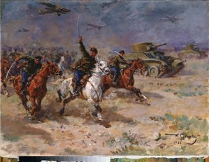 Ataque (Tanques e cavalaria do Exército Vermelho durante a revolução de Outubro) - Ataque - Pintura de George (Georgy, Georgi) Konstantinovich Savitsky (1887-1949), óleo sobre tela de Georgiy Konstantinovich Savitsky