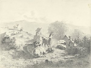 Pastora com cabras e ovelhas em paisagem montanhosa