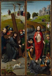 Cristo carregando a cruz, com a crucificação, a ressurreição, com os peregrinos ..., ca. 1510 de Gerard David