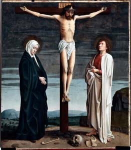 Painel Crucifixo Políptico da Igreja de San Gerolamo della Cervara - Pintura de Gerard David (ca. 1460-1523) 1506 Dim 90x100 cm Genes Musei di Strada Nuova (ex Palazzo Bianco) Itália de Gerard David