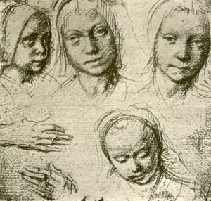 Quatro cabeças de uma jovem garota e duas mãos, c1500-1505, 1908. de Gerard David
