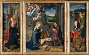 A Natividade com Doadores e Santos Jerônimo e Leonard, c.1510-15 (óleo sobre tela) de Gerard David