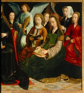 A Virgem entre os santos. Detalhe dos Saintes: Santa Apolline (ou Apolónia), Santa Godeline, Santa Cecile, Santa Barbe, Santa Lúcia. Pintura de Gerardo David (1460-1523) de Gerard David