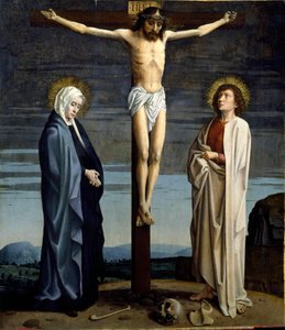 A crucificação. Inscrição "INRI" (I.N.R.I.) na cruz. Pintura de Gerard David (1460-1523)