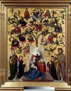 A linha de Santa Ana Representação da árvore genealógica de Santa Ana, mãe de Maria. Pintura sobre madeira por Gerard David (1460-1523). 1483. Sol. 0,88 x 0,69 Lyon, Musee des Beaux Arts. de Gerard David