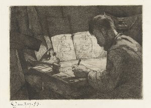 Autorretrato atrás da prancheta de Gerard Jan Bos (signed by artist)