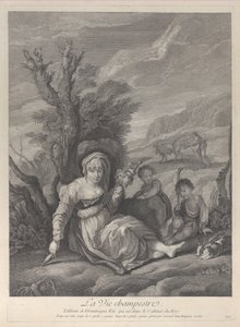 Uma mulher do campo sentada na paisagem com dois meninos ao seu lado, 1729-40. de Gerard Jean Baptiste Scotin