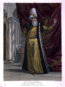 O Grande Vizir, com vestes cerimoniais e turbante.