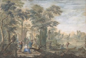 Paisagem Arcadiana com várias Figuras e uma Estátua de Diana, século XVIII.