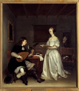 O Duo; cantor e tocador de alaúde theorbo. Pintura de Gerard Ter Borch (1617-1681), holandês de Gerard ter Borch