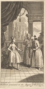 Gulliver Apresentado à Rainha de Babilary, Frontispício para As Viagens do Sr. ..., fevereiro de 1730. de Gerard Vandergucht