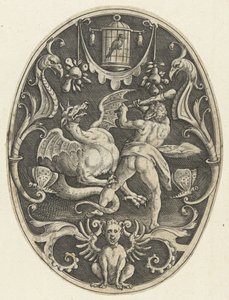 Decoração de planos: Hércules mata o dragão Ladon
Decorações de plano oval representando os feitos de Hércules em grotescos (título da série)
