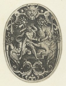 Decoração de planos: Hércules mata o monstro Geryon
Decorações de plano oval representando os feitos de Hércules em grotescos (título da série)