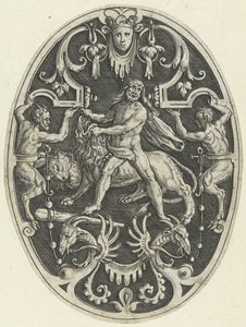 Decoração de planos: Hércules e o leão Nemean
Decorações de plano oval representando os feitos de Hércules em grotescos (título da série)