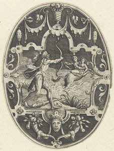 Decoração de planos: Hércules dispara o centauro Nessus que está a tentar enganar a Deianira
Decorações de plano oval mostrando os feitos de Hércules em grotescos (título da série)
