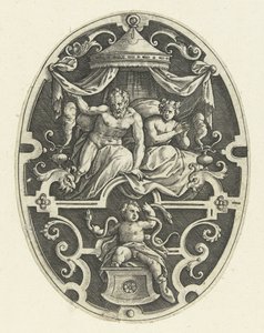Decoração da superfície: Hércules estrangula as duas cobras em seu berço Decorações de superfície oval com os feitos de Hércules em grotescos (título da série)