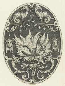 Decoração de superfície: a morte de Hércules Decorações de superfície oval com os feitos de Hércules em grotescos (título da série)
