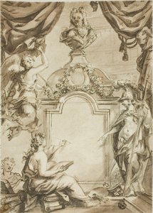 Desenho para a página de rosto: Clio a receber um ditado de Minerva de Gerard de Lairesse