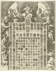 Brasão de armas do Príncipe Guilherme III em moldura alegórica
As Armas de Género LXIIII do Príncipe de Oraenjen, etc. e as Armas dos 7 Países Baixos Unidos com as suas Cidades, etc. (título sobre o objecto) de Gerard de Lairesse