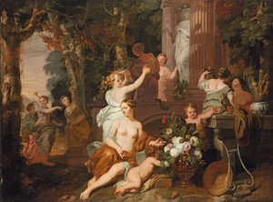 Ninfas e bacantes prestando homenagem no templo de Flora de Gerard de Lairesse